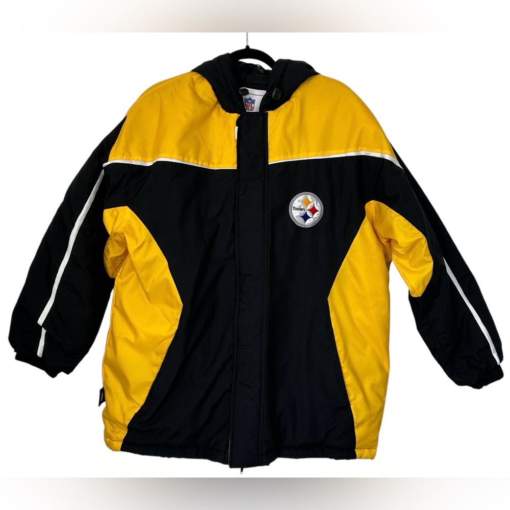 NFL Men’s Pittsburgh Steelers Jacket Windbreaker Black Gold‎ Logos Warm Hood L
